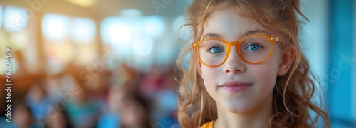 pretty school girl smiling at classroom, Generative Ai