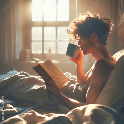 man reading on bed with coffee  photo