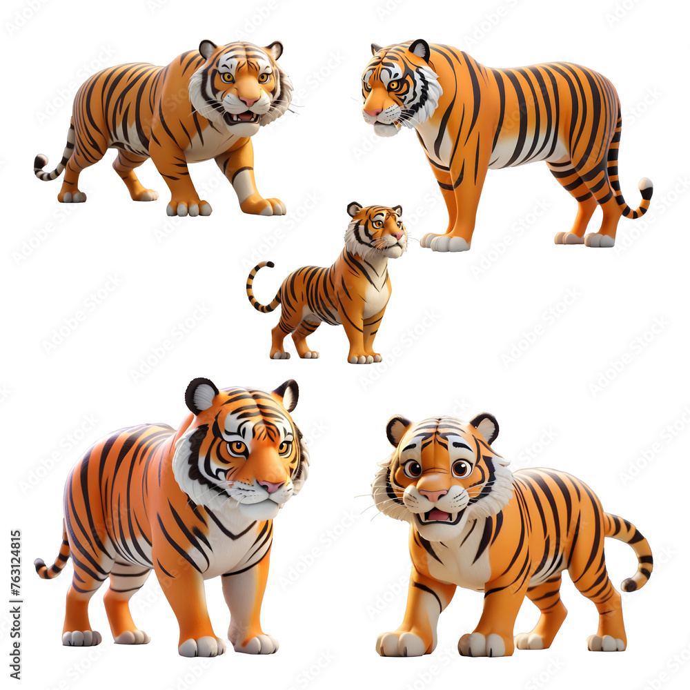 Obraz premium 3d rendered illustration of a tiger cartoon character set isolated on white background. Generative AI