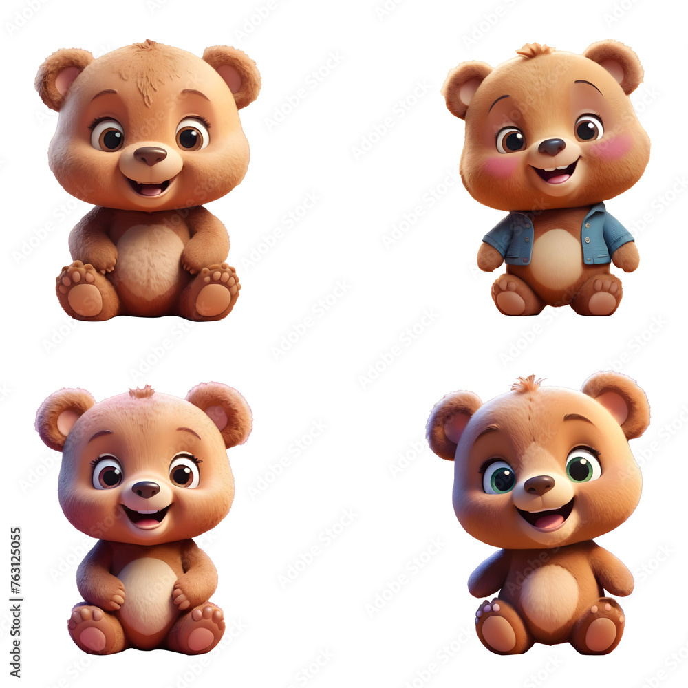 Cute brown teddy bear set isolated on white background, clipping path included. Generative AI Cute brown teddy bear set isolated on white background, clipping path included. Generative AI