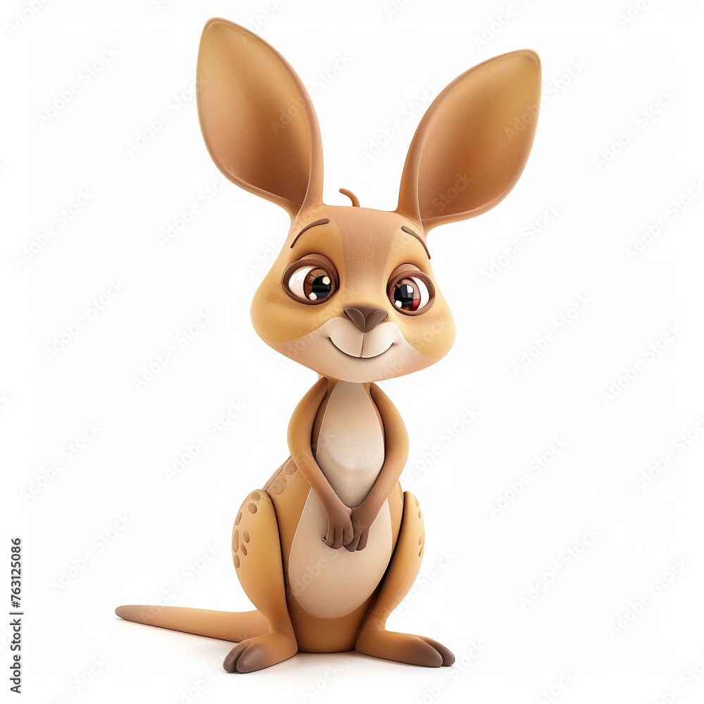 cute 3D clay Kangaroo in a minimal style, standing solo on a bright white backdrop, shadow-free for a pristine image