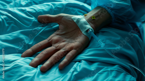 A patient's hand with an intravenous line is resting on a blue hospital bed.
