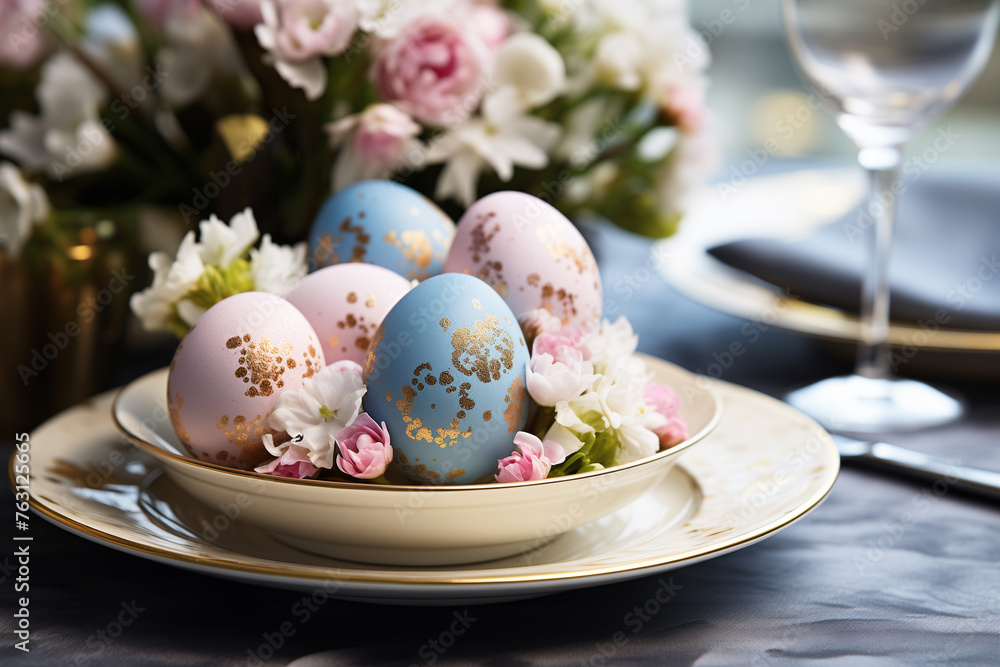 Easter table setting with spring bouquet and easter eggs Easter table setting with spring bouquet and easter eggs