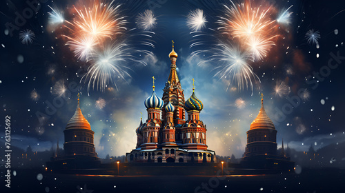 Christmas, New year's eve fireworks in Russia firework show for celebration with blurred bokeh light St basil cathedral photo