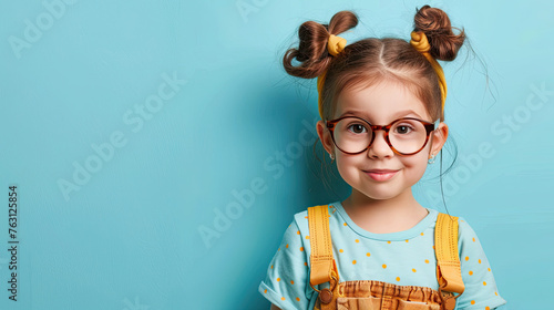Funny child school girl on pastel blue background