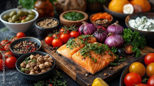 top view fresh and healthy superfoods ingredients, tasty beautiful food preparation scene, salmon fillet with tomato and spice , Generative Ai