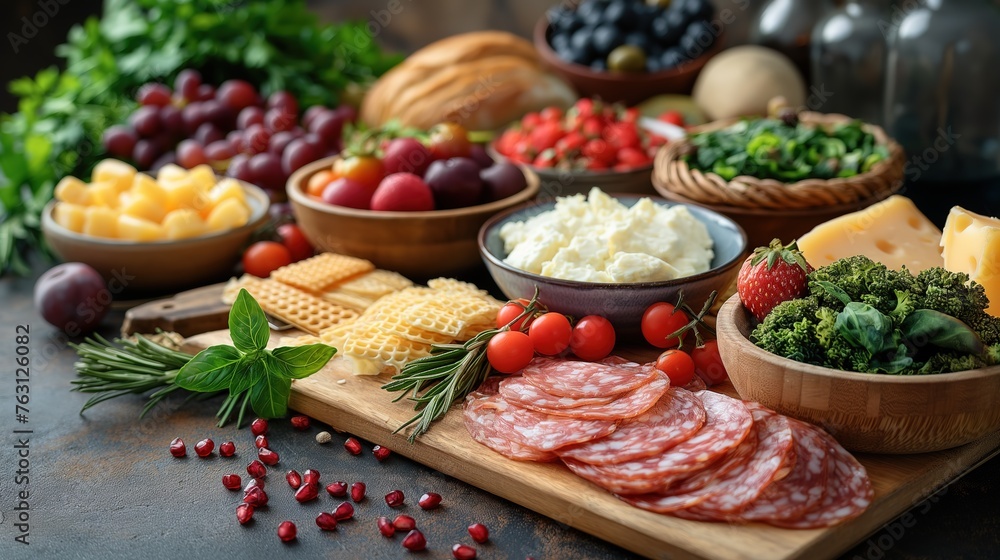 top view fresh and healthy superfoods ingredients, tasty beautiful food preparation scene, ham, cheese, salad, tomato, berries, green vegetable, herb, cheese board, Generative Ai