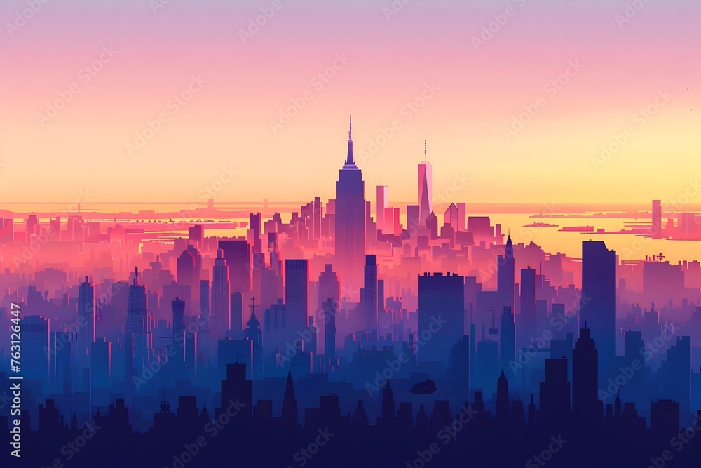 New York City Skyline at Sunset: Pastel Gradient Silhouette Art