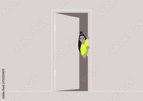 A person Peeking Through an Open Doorway, A young character peeks around a door, curiosity in their gaze