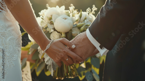 A newlywed couple holds hands showcasing wedding rings and a bracelet. photo