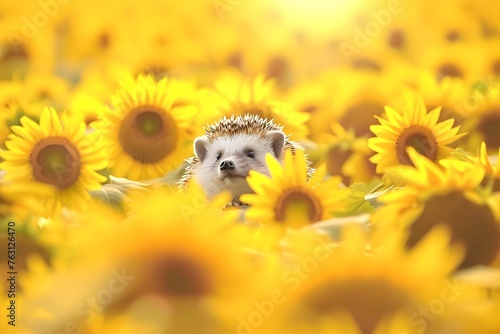 Cute Hedgehog Exploring Sunflower Field: Photography with Van Gogh's Warm Tones