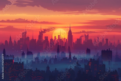 New York City Skyline at Sunset: A Cinematic of Silhouette Buildings and Foggy Horizon