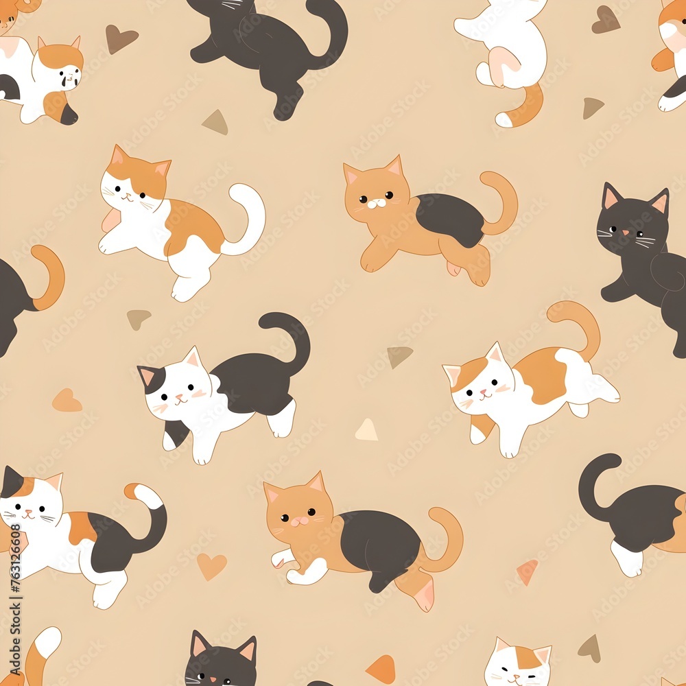 Cute Cartoon Cat Pattern in Style with Warm and Bright Tones Cute Cartoon Cat Pattern in Style with Warm and Bright Tones