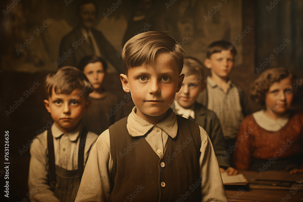 Fototapeta premium Vintage photo of group of children in the classroom.