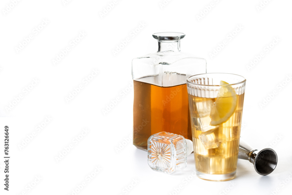 Highball, Whiskey with soda and lemon beverage isolated on white background. Copy space Highball, Whiskey with soda and lemon beverage isolated on white background. Copy space