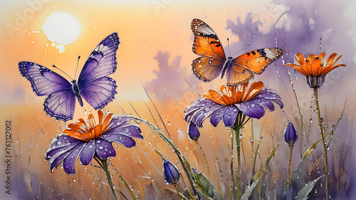 delicate violet flowers in drops of dew and butterflies against the backgroun...