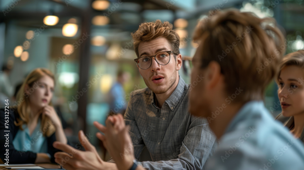 A young man in glasses actively engaging in a discussion at a business meeting. A young man in glasses actively engaging in a discussion at a business meeting.