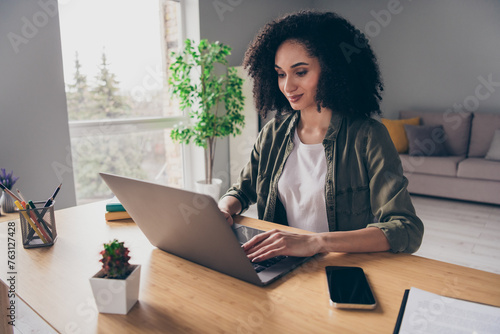 Photo of busy pretty lady freelancer dressed shirt coding modern gadget indoors workshop workplace workstation