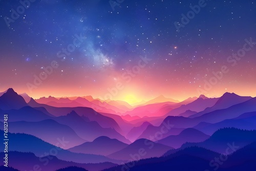 Mountains at Sunrise: Serene Starry Sky with Purple to Blue Gradient