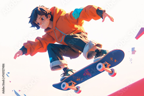 3D cartoon boy playing skateboard