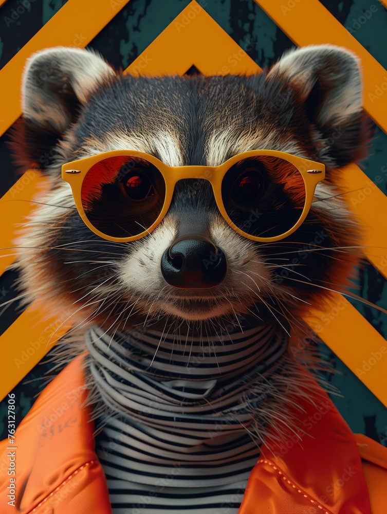 Stylish raccoon in sunglasses and jacket; quirky 3d illustration of a raccoon wearing trendy sunglasses and a fashionable jacket