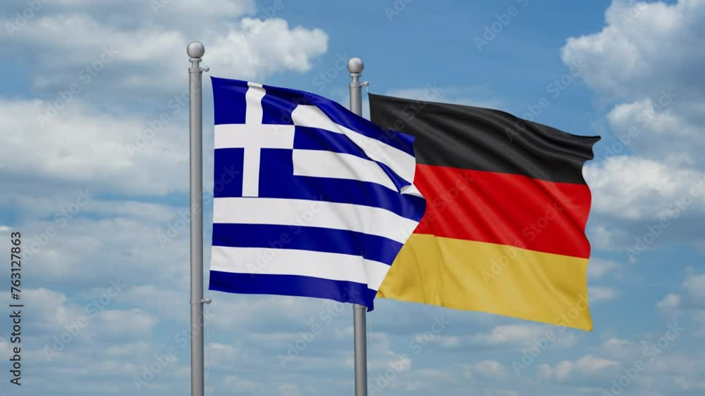 Germany and Greece two flags waving together, looped video, two country relations concept Germany and Greece two flags waving together, looped video, two country relations concept