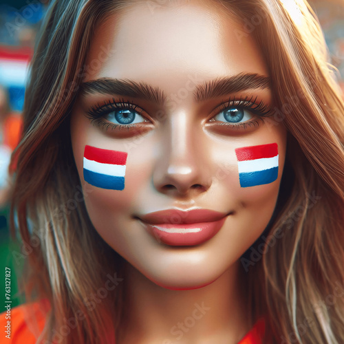 Dutch Young Female Soccer Fan with Painted National Flag Cheeks at UEFA Euro Championship