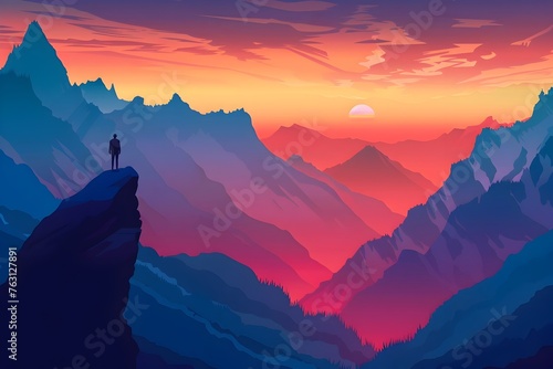 Man Silhouetted at Dawn: of Solitary Figure Overlooking Majestic Mountainscape