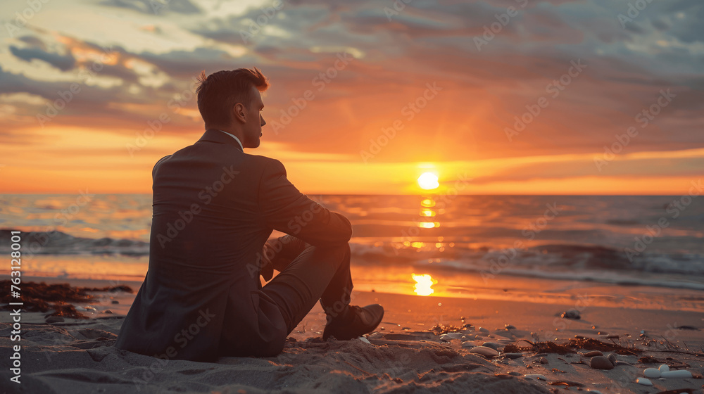 Businessman Enjoying Sunset on Beach, Reflecting on Career and Future, Coastal Scene