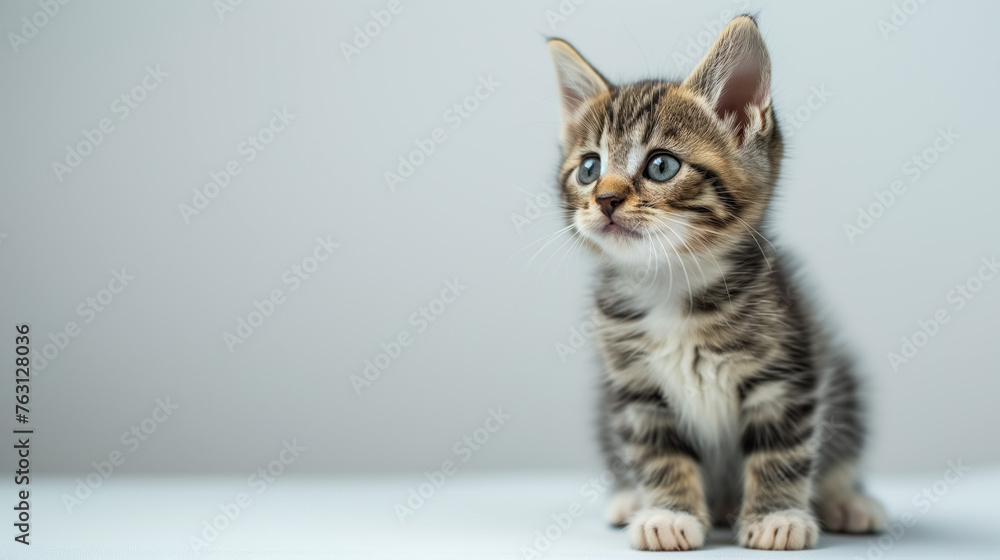 Curious tabby kitten looking upward on a grey background