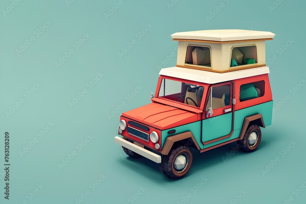 Low Poly SUVs: Adorable Adventure Vehicles with Rooftop Cabins and Tents, Ready for Text Overlays