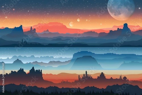 of Multi-Layered Landscapes with Gradient Palettes and Silhouette City in Mountainous Terrain photo