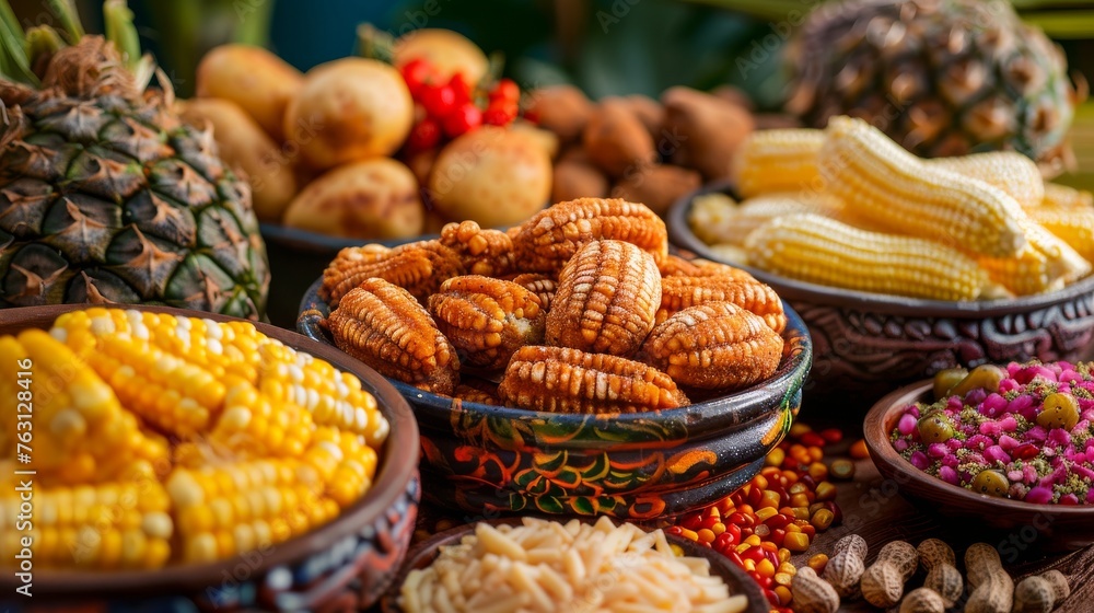 Festive celebration of Brazil's Sao Joao festival or Fiesta Junina with traditional food like corn, peanut candy, and pine kernels. Brazilian June party concept. Generative ai