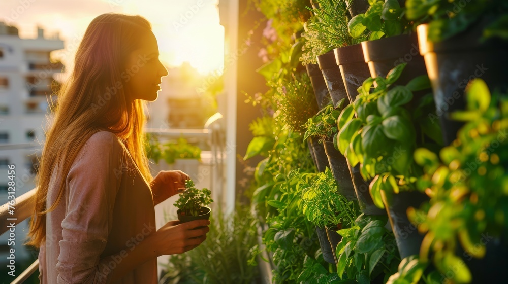 Woman tending to the plants on the balcony. Modern vertical lush herb garden planter bags hanging on city apartment balcony wall, with planter boxes pots of herbs. Generative ai - obrazy, fototapety, plakaty 