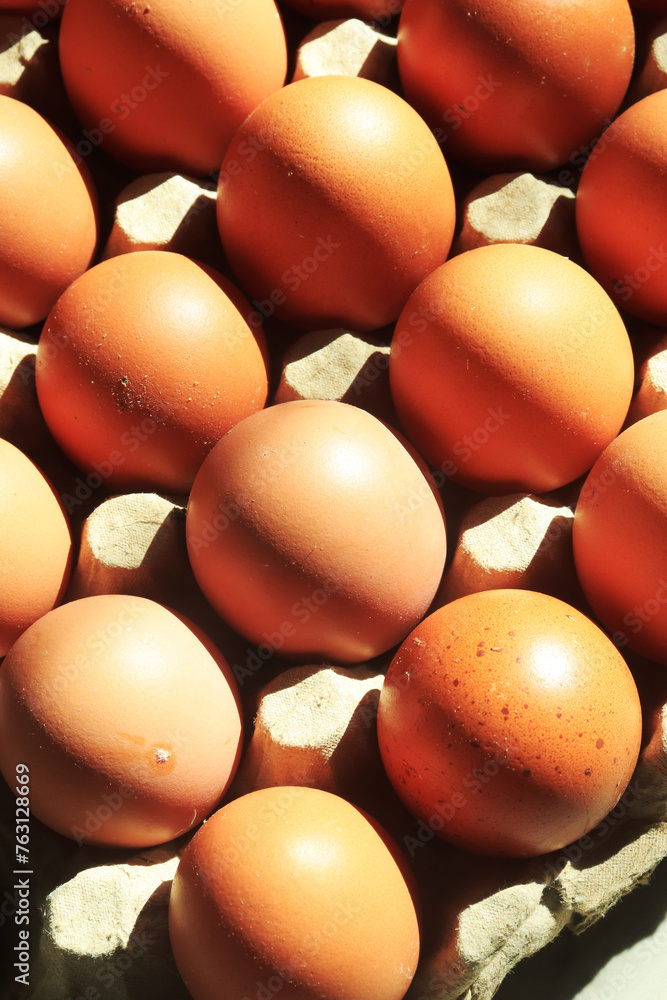 Chicken eggs neatly arranged on egg box. with sunlight in the morning. as background and wallpaper Chicken eggs neatly arranged on egg box. with sunlight in the morning. as background and wallpaper