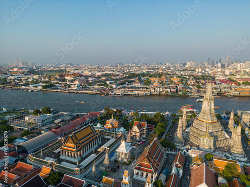 Aerial view pagoda of Wat Arun temple of dawn buddha temple sight seeing travel in Bangkok
