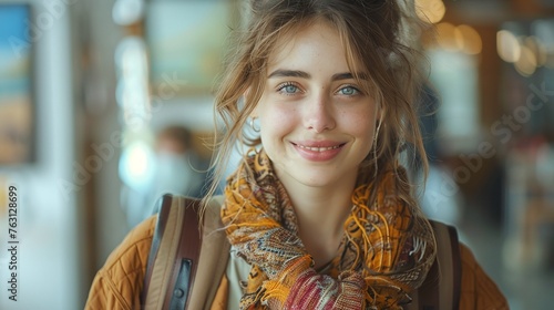 Happy young woman with backpack and scarf at the airport. Travel and lifestyle concept. Design for travel accessories advertisement, travel blog, welcome poster. Indoor portrait with blurred backgroun