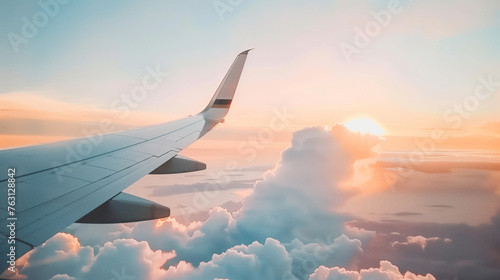 Beautiful sunrise of airplane flying over the clouds, window view © Prompt2image
