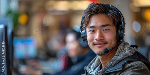 An asian engaging customer service representative, a man wearing a headset, sitting in front of a computer monitor, focused on his work