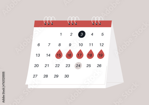 Circling the Date, Anticipation of a menstruation cycle, A desktop calendar marked with bright red drops on period days
