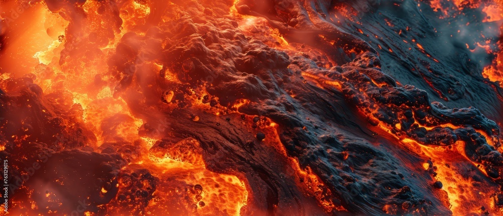 Close-up of bright, molten lava flowing between hardened volcanic rocks, exhibiting nature's raw power - obrazy, fototapety, plakaty 