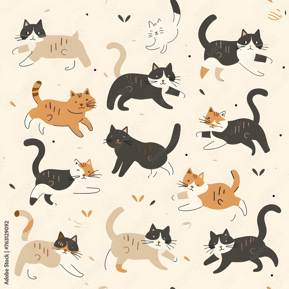 Obraz premium Playful Cats Engage in Various Activities: A Vibrant Pattern