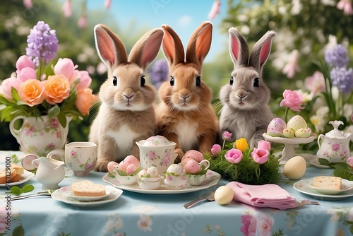 Easter bunnies with eggs and cakes on table in garden