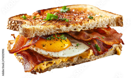 Gourmet open-faced sandwich with egg and bacon, cut out - stock png. photo