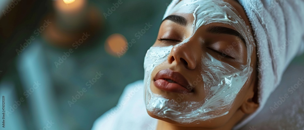 Spa Serenity facial Mask Indulgence. Woman in a serene spa setting with a facial mask Spa Serenity facial Mask Indulgence. Woman in a serene spa setting with a facial mask