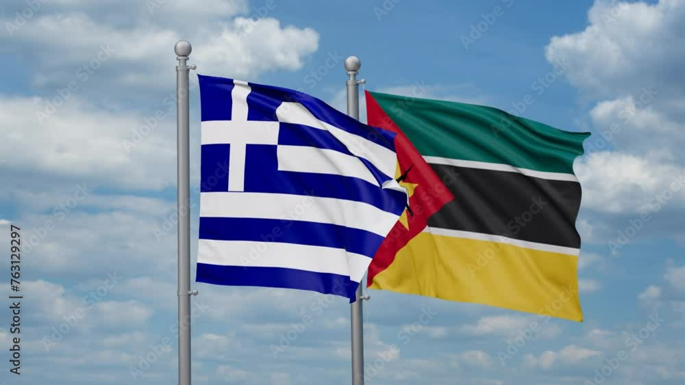 Mozambique and Greece two flags waving together, looped video, two country cooperation concept Mozambique and Greece two flags waving together, looped video, two country cooperation concept
