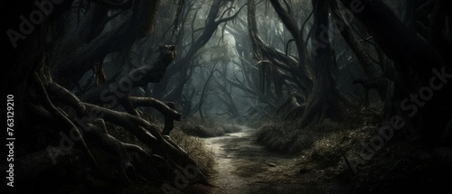 A haunting forest, thick with gnarled trees and tangled undergrowth