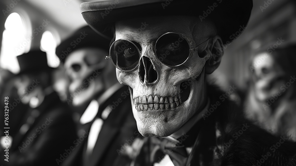 Halloween theme dark fantasy, gentleman skeleton wearing tuxedo and top hat, Generative Ai
Halloween theme dark fantasy, gentleman skeleton wearing tuxedo and top hat, Generative Ai