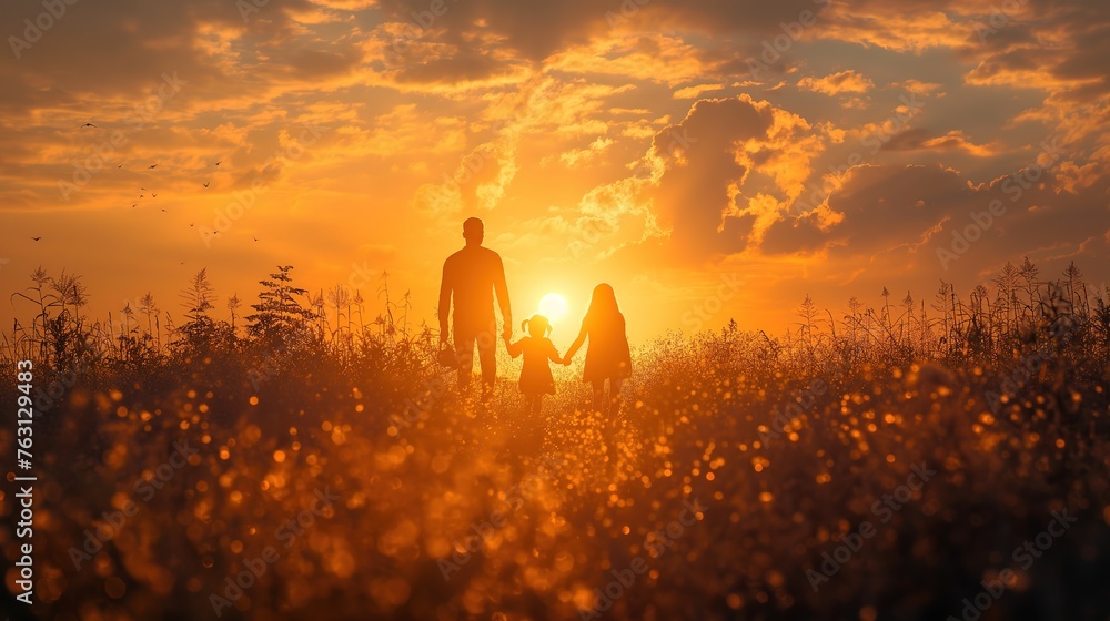 happy father mother and son holding hand walking on wild grass field at sunset time, family time, Generative Ai - obrazy, fototapety, plakaty 