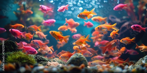 a goldfish swimming in beautiful fish tank decorated with aquatic plants and rock, bubble with bokeh light, gorgeous aquarium scene, Generative Ai